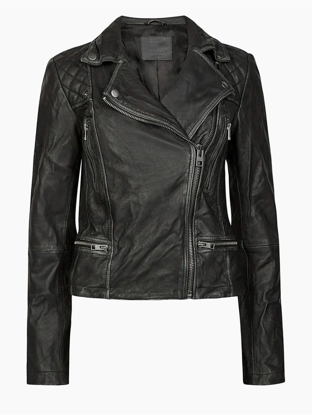 AllSaints Cargo Gray Black Quilted Leather Biker Jacket (Sz 8)